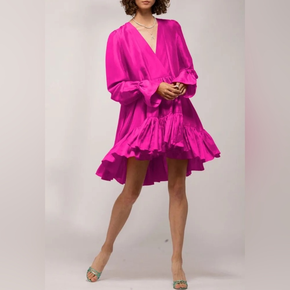 Pink Tiered Sundress with Bishop Sleeves and V-Neck
